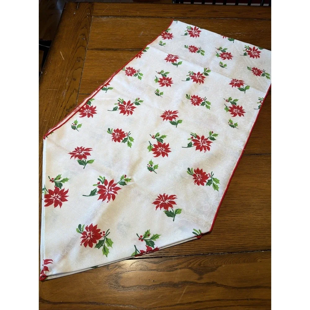 Vtg Christmas Poinsettia Table Runner Red Green On White 70